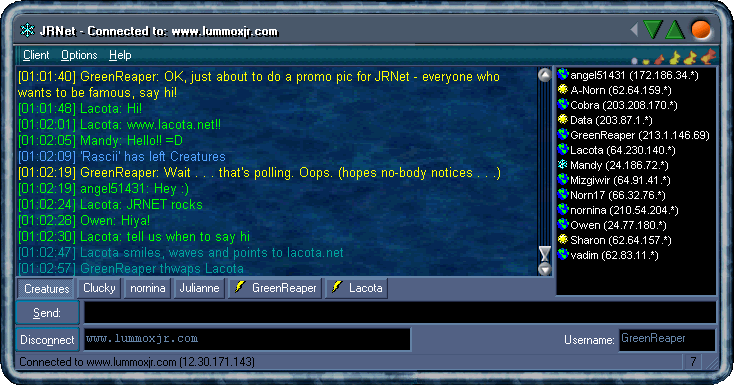 JRNet - The future of Creatures chat (with knobs on :-)